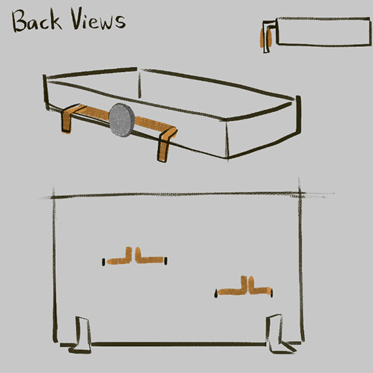 View of the concept from the back. The idea is to have a battery attached to a shelf, and tap reaching both sides, alongside tape on the shelf itself leading to the LEDs. When a shelf gets hooked on, it will switch the light on as it completes the circuit