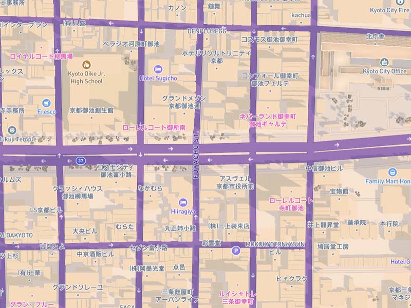 I took this screenshot in Japan to see how these colors would look in a different area. Something interesting is how mapbox creates shadows for its 3d buildings, which are obvious in this photo. These shadows are able to adapt to the light preset of the map as well. If I make use of the 3d view or data visualization this would be something to consider for the overall storytelling.