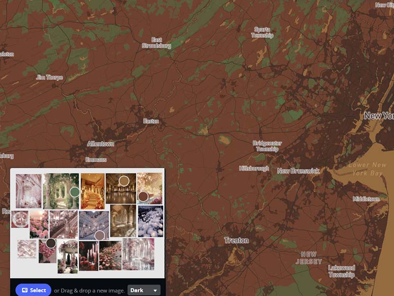 When I switched to the dark mode for cartogram, it sampled less of the pink and took on the greens and yellows from the moodboard. This almost looks like a kind of camouflage.