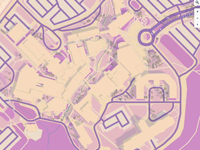 Using the previous colour palette, I zoomed into the campus just to see how the map reactis with some of the smaller details like individual buildings and such since the campus has plenty of them. I feel like from afar the purple is too harsh, but I like how it's handled when there's multiple shades of greenspace.