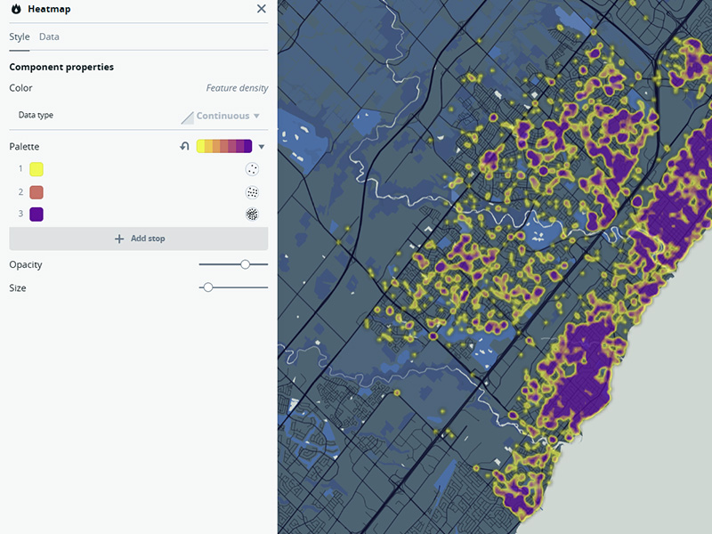 The cyclying data only cover roads, so I tested using the coyote encounter data to expirience with the visualization options. This version used a heat map with one of the default palettes, and the green and purple stand out against the muted blue, giving a clear indication where the most activity has occured