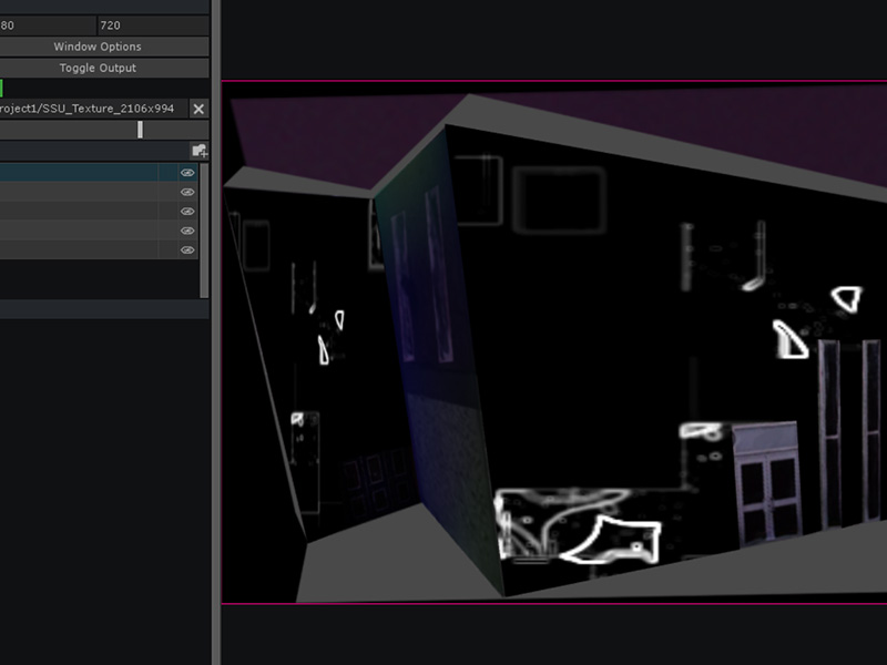 This is the direct result of projecting the effect using the Kantan mapper. I didn't figure it out during the tutorial, but I would've liked to learn how to warp the effect in some way to match the perspective of the walls on the template image.