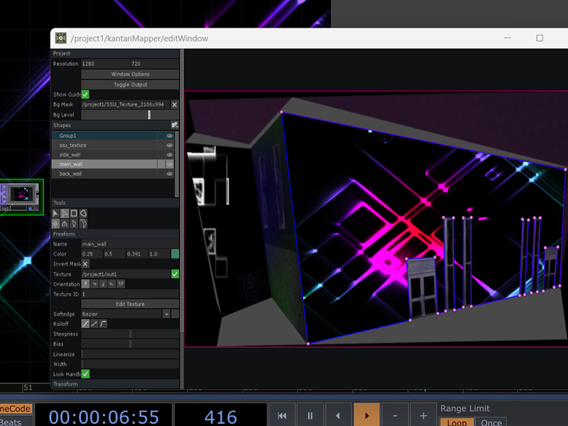 This was the result of following another tutorial, this time to create a colorful diamond pattern. This involved a lot os parenting and even use of 3D objects, and I'm proud of the result in the end. This image shows how it looks projected onto the template. Adjusting the nodes of this effect is interesting since even small changes can completely alter how it behaves.