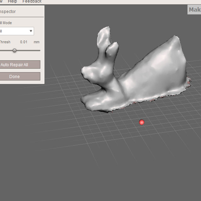 After cropping the model of the rabbit, I fixed it in Meshmixer. For some reason the textures did not export with my model, but this was useful since I got to see the actual model without getting distracted by the shadows from the texture.  
